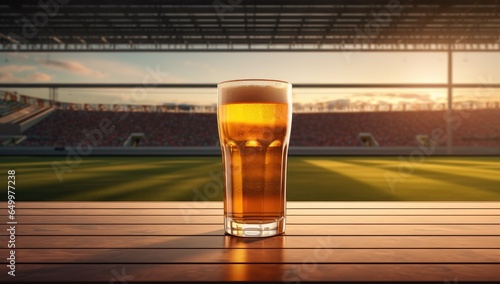 Glass cup with beer on a wooden table inside a football stadium with a view of the field and stands, Generative AI