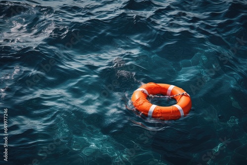 Orange buoy on the high seas, rescue buoy in the water, Generative AI photo