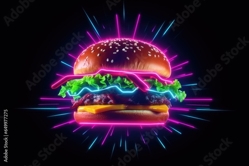Burger with neon lights on black background, burger with neon effects, Generative AI photo