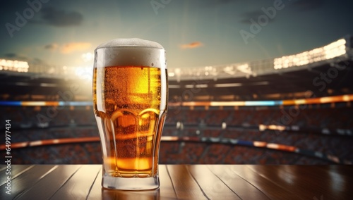 Glass cup with beer on a wooden table inside a football stadium with a view of the field and stands, Generative AI photo