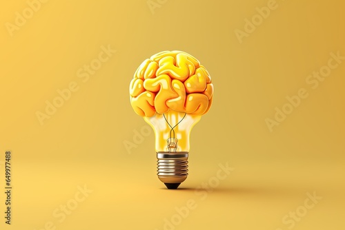 Light bulb with brain on yellow background, concept of ideas, creativity and innovation, Generative AI