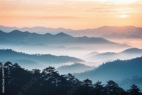 essence of serenity and solitude in a misty mountain peak at sunrise.