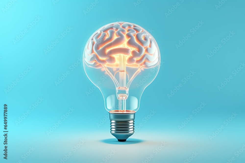 Light bulb with brain inside on blue background, concept of idea, creativity and innovation, Generative AI Light bulb with brain inside on blue background, concept of idea, creativity and innovation, Generative AI