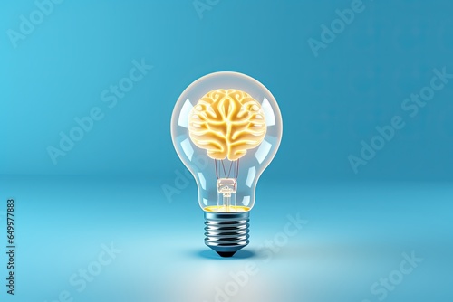 Light bulb with brain inside on blue background, concept of idea, creativity and innovation, Generative AI
