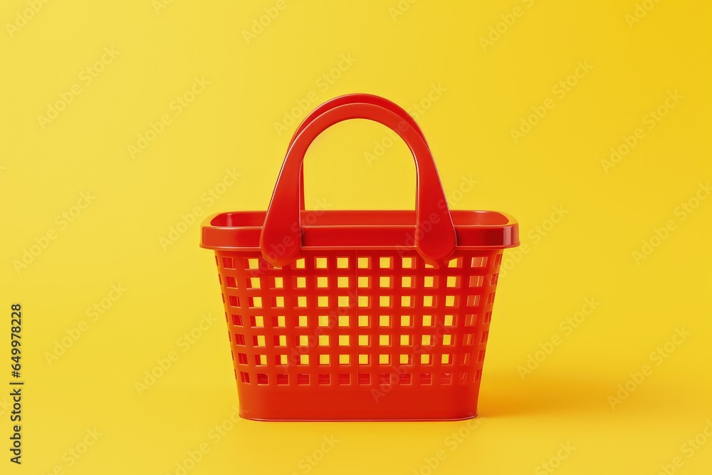 Fototapeta premium Red shopping basket isolated on yellow background, Generative AI