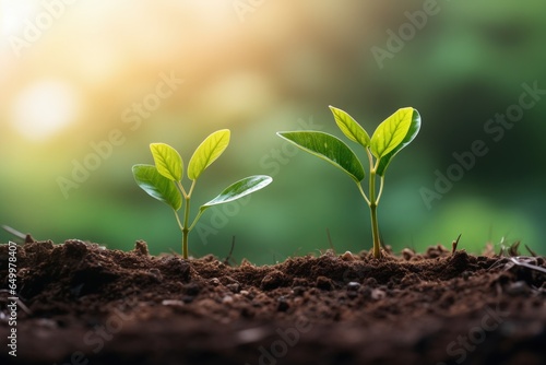 Two plant seedlings in the ground and blurred background, Generative AI