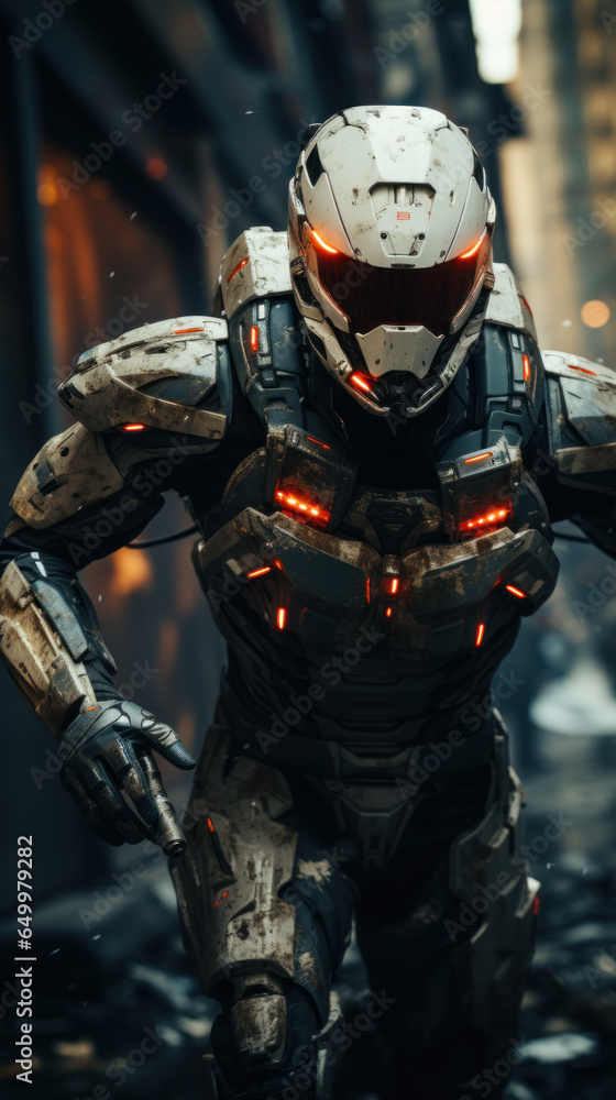 Naklejka premium Cyborg escaping from a chase dystopian city unsplash 