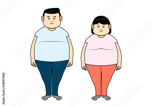 太った男性と女性のイラスト。生活習慣病で肥満になりダイエットを始める夫婦。