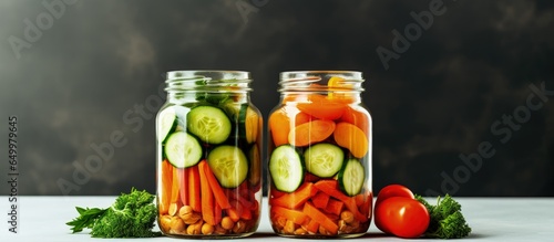 Jar of vegetable sticks representing healthy diet with carrot bell pepper paprika and cucumber