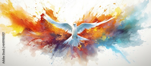 Christian watercolor illustration of Pentecost depicting the descent of the Holy Spirit as a dove and fire suitable for church publications and printing with splatter and stains for added e photo