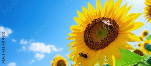 Blue sky background with a focused sunflower and honey bee High quality image