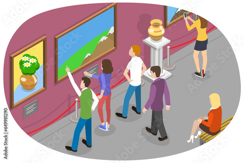 Foto 3D Isometric Flat  Conceptual Illustration of Art Gallery, Tourists Looking at P