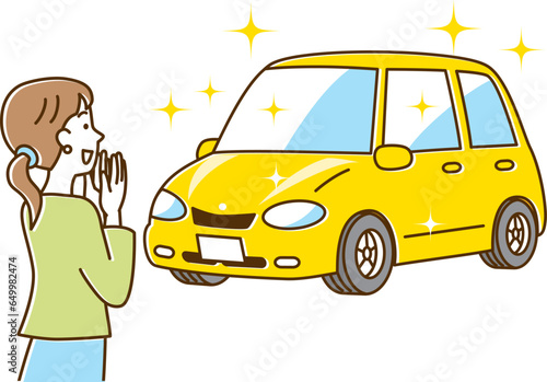 ピカピカの車を見て喜ぶ女性