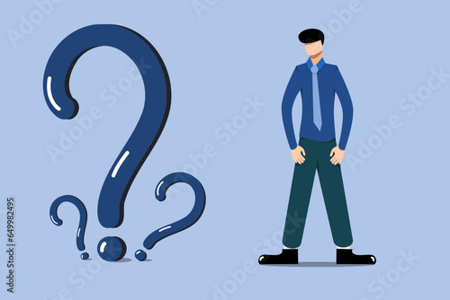 Business man are confused, many questions grow in front of business man, many question marks appear.