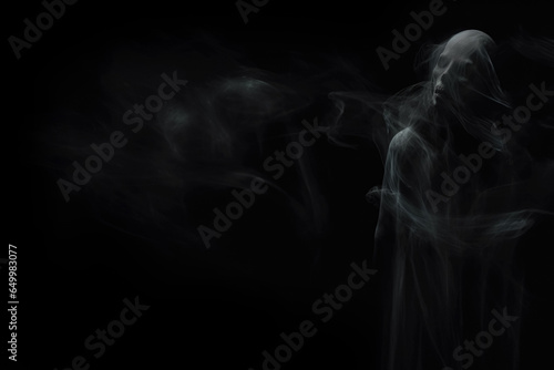 Creepy Halloween Ghosts Effect Photo Overlay. Ethereal Specter, White Silhouette, Mysterious Darkness, Paranormal Phantom, Supernatural Apparition. Generative AI.