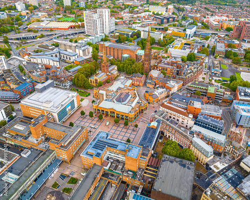 Aerial view of Coventry, a city in central England known for the medieval Coventry Cathedral and statue of lady Godiva