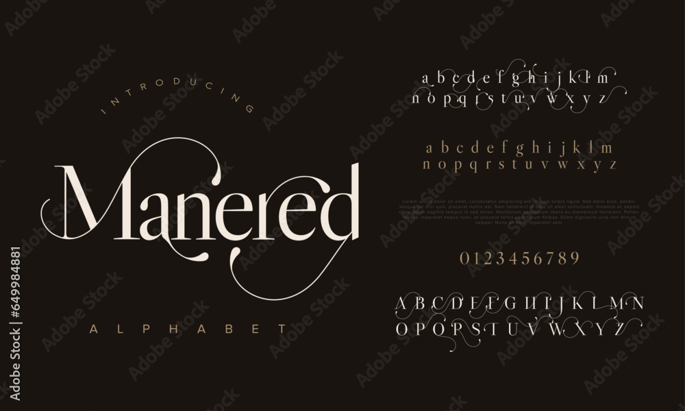 Manered premium luxury elegant alphabet letters and numbers. Elegant wedding typography classic serif font decorative vintage retro. Creative vector illustration