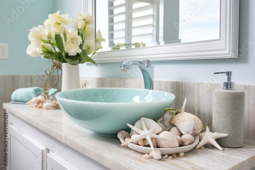 Immerse yourself in the coastal charm of this cottage bathroom, adorned with seashell decor and beachy vibes, featuring a delightful blend of cottage patterns, beach colors