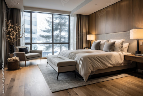 An inviting, elegant and spacious bedroom with sleek furniture, chic accents, ambient lighting, and floor-to-ceiling windows for an abundance of natural light in a modern, minimalist © aicandy