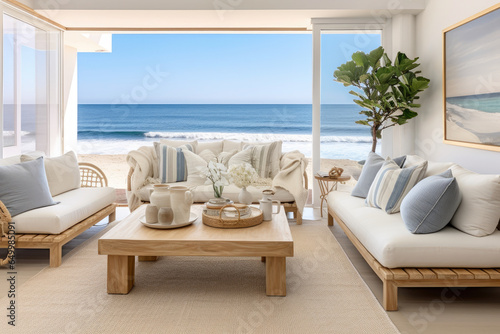 Creating a Tranquil Coastal Haven: Contemporary Flair and Serene Atmosphere with Coastal-Inspired Accents, Modern Furniture, and Coastal Elements.