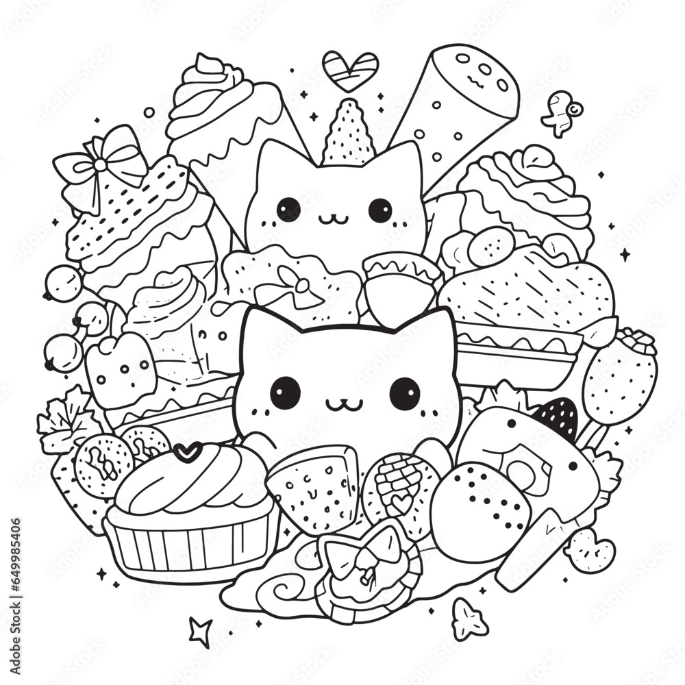 cute Kawaii , black and white coloring page for kids and adults , line