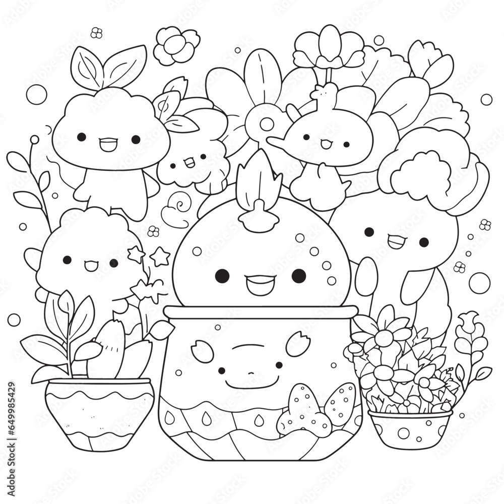 Vetor de cute Kawaii , black and white coloring page for kids and ...