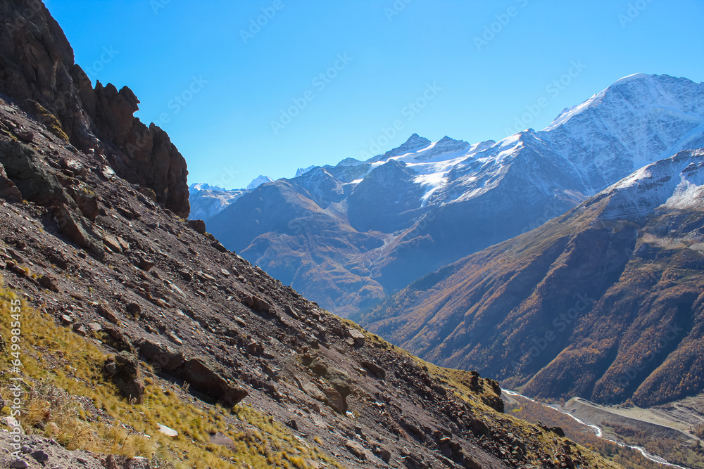 The view the desolated volcanic lanscape on the treck to Mount Elbrus