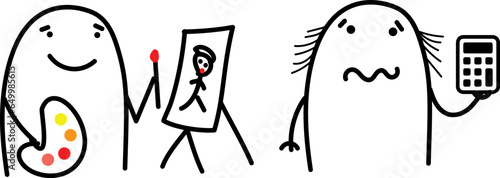 Thumb man. Artist painting a beautiful picture. Businessman according to a calculator.Charcter emotional. New set of characters in the style of meme flork.