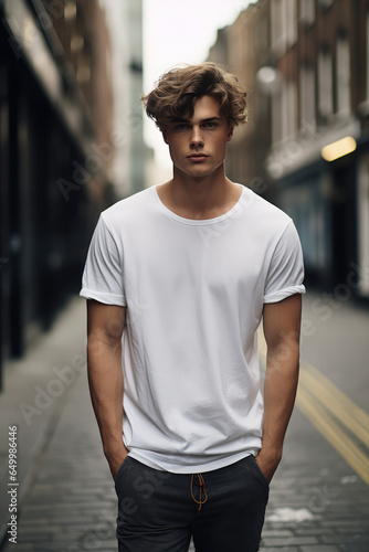 model in a classic white cotton T-shirt on a city street