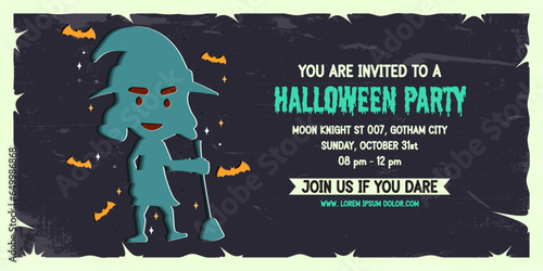 Halloween party invitation banner background in paper cut style.