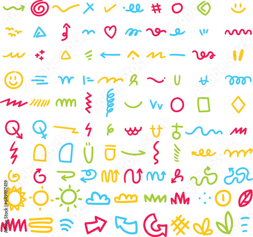 Colorful set of various hand drawn abstract shapes, strokes and doodles. Childish cute drawing. Modern design elements. Vector texture.