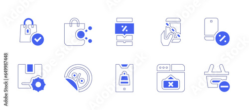 Ecommerce icon set. Duotone style line stroke and bold. Vector illustration. Containing order, affiliate marketing, product management, discount, blockchain, close, online shopping, mobile, minus.