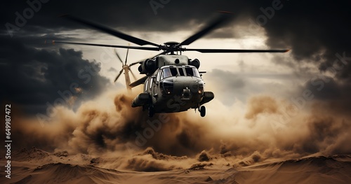 Helicopter in the desert. 3d rendering. toned image photo