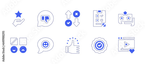 Feedback icon set. Duotone style line stroke and bold. Vector illustration. Containing quality control, star, video, review, rating, thumb down, customer satisfaction, badge, good review, like.