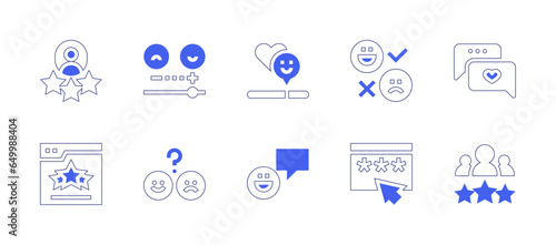 Feedback icon set. Duotone style line stroke and bold. Vector illustration. Containing satisfaction, good review, review, love, rating, best employee, rate, satisfied.