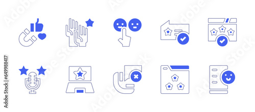 Feedback icon set. Duotone style line stroke and bold. Vector illustration. Containing rating, call, good comment, customer satisfaction, review, satisfied, magnet, accountable, podcast, laptop.