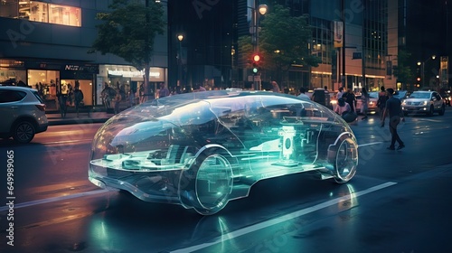 A holographic car stands out amidst traffic in a bustling city  showcasing the intersection of future and present. Generative AI.