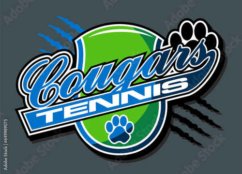 cougars tennis team design in script with tail and large ball for school, college or league sports