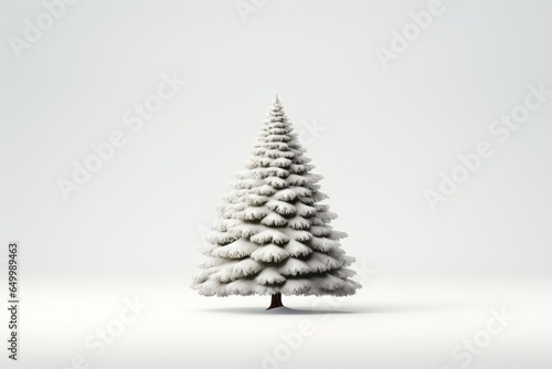 A background image for creative content  featuring a snow-covered Christmas tree against a white background. Photorealistic illustration