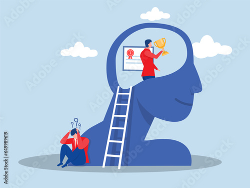 Imposter syndrome.businessmen present self confidence success different Anxiety and lack of self confidence in head human at work the person fakes is someone else