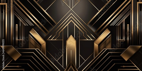 Abstract art deco. Great Gatsby 1920s geometric architecture background. Retro vintage black, gold, and silver roaring 20s texture, Generative AI 