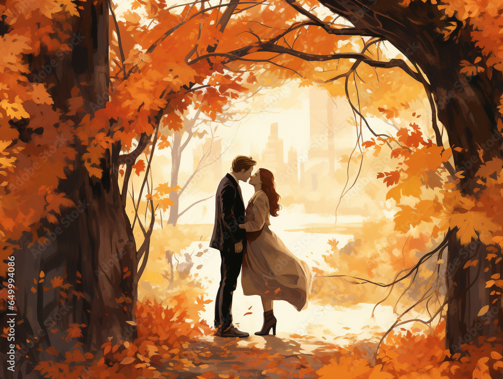 Obraz premium An Illustration of a Couple Sharing a Kiss Under an Archway of Intertwined Autumn Branches