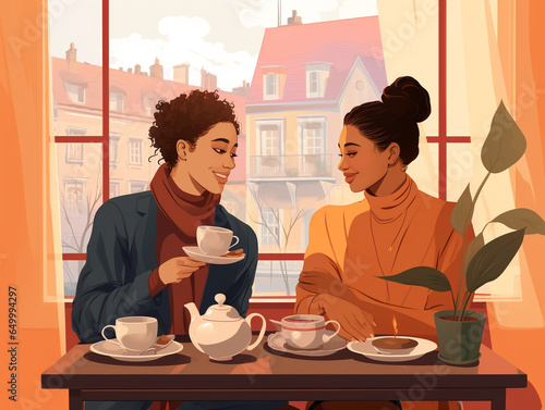 An Illustration of an LGBTQ+ Lesbian Couple Sharing Stories Over a Cup of Spiced Tea