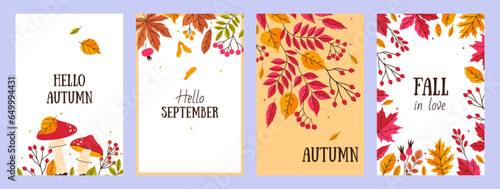 Set of autumn cards with mushrooms, leaves, berries. Vector graphics.