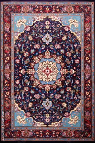 Elegant Traditional Persian Rug Persian rug with detailed floral patterns, central medallion, deep blue and crimson hues, bordered design, intricate border with repeating motifs