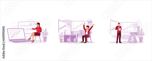 Investor brokers analyze indexes. Freelance stockbroker celebrating successful trading. Entrepreneur trading and buying or selling options. Set Trend Modern vector flat illustration