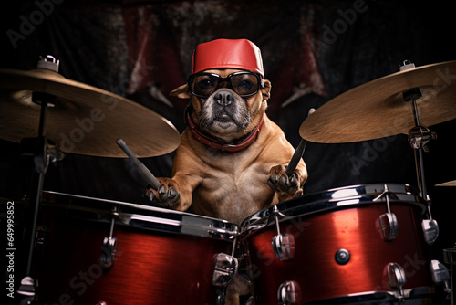 cool dog animal playing drums photo