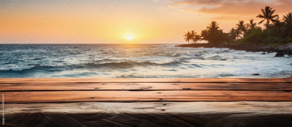 Wooden tabletop at beach during sunset suitable for product display or design layout with abundant space