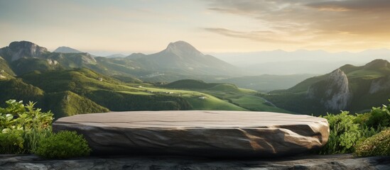 Leinwandbilder Khaki Outdoor rock table top with mountain landscape at sunrise showcasing organic beauty  © AkuAku
