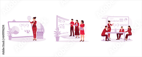 Meeting presentation. Team using tv screen with growth analysis. The head of female analysis chaired the meeting. Set Trend Modern vector flat illustration